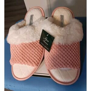 Laura Ashley Large (8-9) Memory‎ Foam Slide Faux White Fur Slippers Pink Quilted